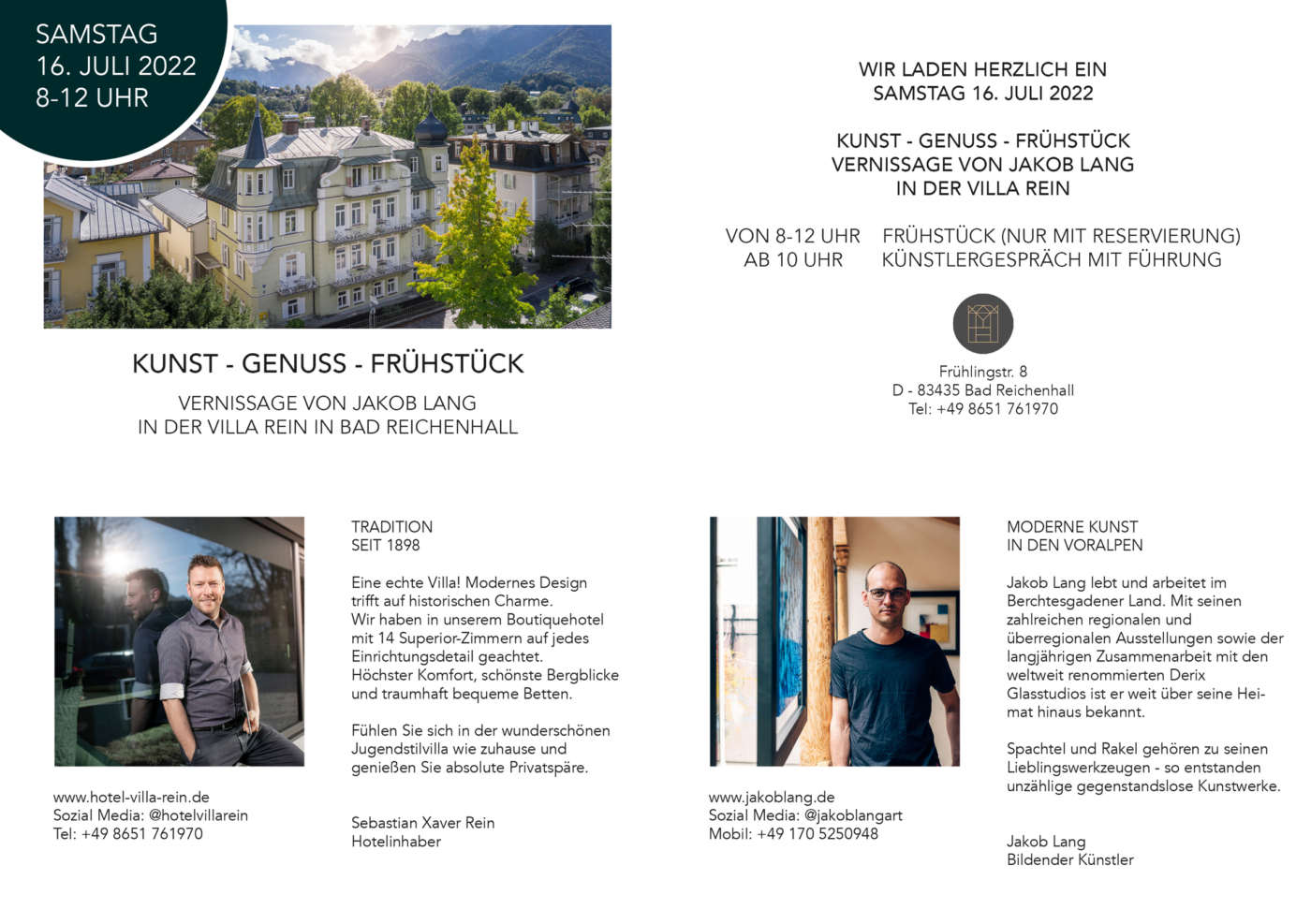 Kunst, Villa Rein, Bad Reichenhall, Vernissage, Frühstück, Art, Berchtesgadener Land, Jakob Lang, Frühlingsstraße, Künstlergespräch,